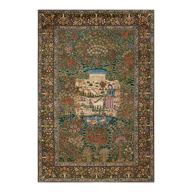 Majestic Green Background Figural Floral Pattern Kirman Design Persian Rug For Sale