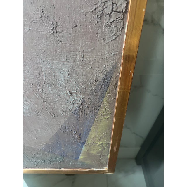 Bold geometric shapes balanced with a color wash in a gilt frame. Loads of texture throughout. Gilt wood frame