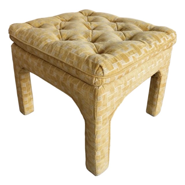 Vintage 70s Velvet Tufted Parsons Ottoman in the Manor of David Hicks Basketweave MCM For Sale