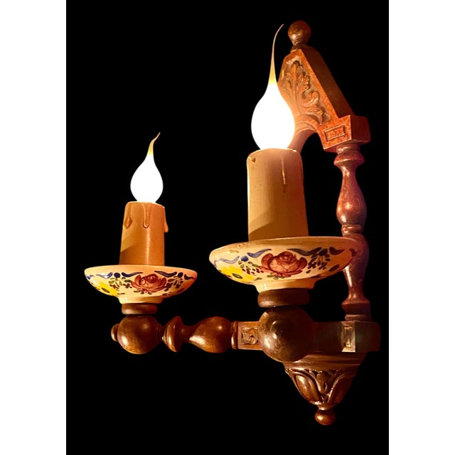 Antique French Carved Walnut and Hand Painted Faience Wall Sconce C 1915 For Sale - Image 4 of 13