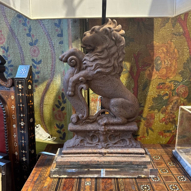 English metal lion newly made into a lamp with a custom Lucite base and new linen shade. Base is 11L x 4"W. 18'H to bottom...