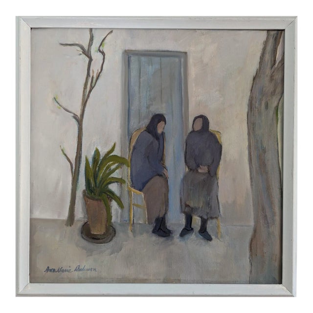 Mid-Century Modern "Afternoon Conversations" Vintage Figurative Oil Painting - Framed For Sale