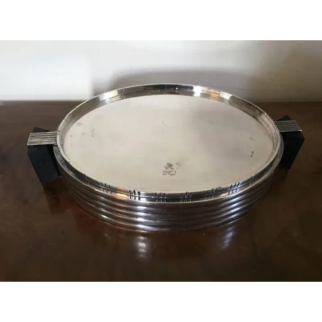 Art Deco heavy silver plate footed galleried tray or centerpiece bowl with exotic wood handles circa 1920's. Measures 13...