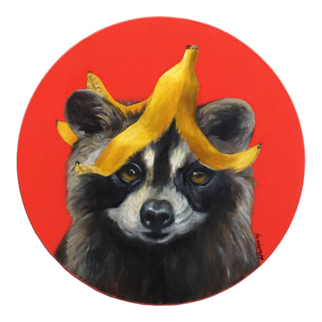 Raccoon With Banana Bangs - Original Surreal Raccoon Animal Pop Art Oil Painting For Sale