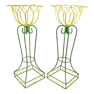 1950s Vintage French Art Nouveau Jardiniere Iron Planter, Yellow Tulip, Newly Painted - A Pair. For Sale
