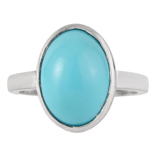 Minimalist 4.7 Ct Oval Turquoise Bezel Set Solitaire Ring in 925 Sterling Silver Size 5.5 For Sale