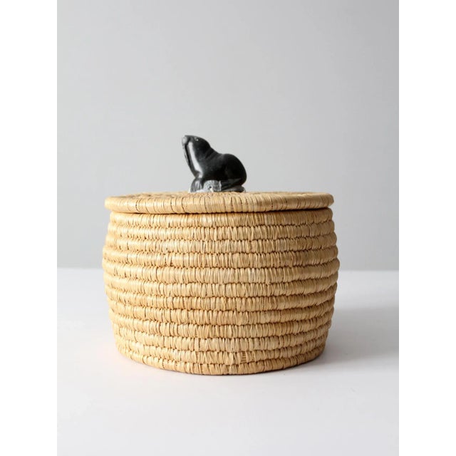 Wood Vintage Basket With Lid and Carved Stone Handle For Sale - Image 7 of 13