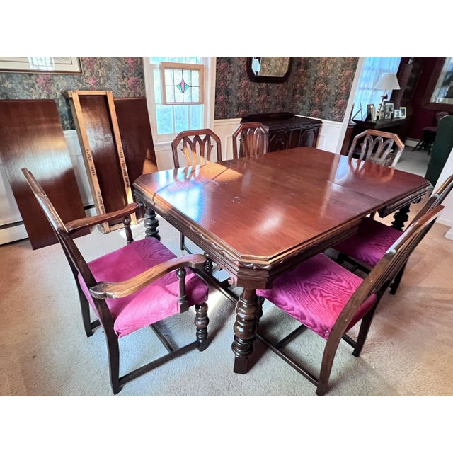 Jacobean Jacobean Revival Mahogany Dining Table W/Leaves and Pads, Plus 6 Chairs - Set of 7 For Sale - Image 3 of 8