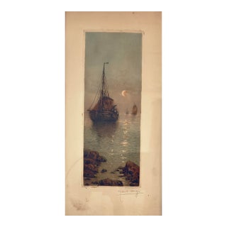 Antique Marcel Augis Signed Aquatint Etching – Moonlit Harbor Sailing Ship – SZL Blindstamp, French Marine C. 1910–1935 For Sale
