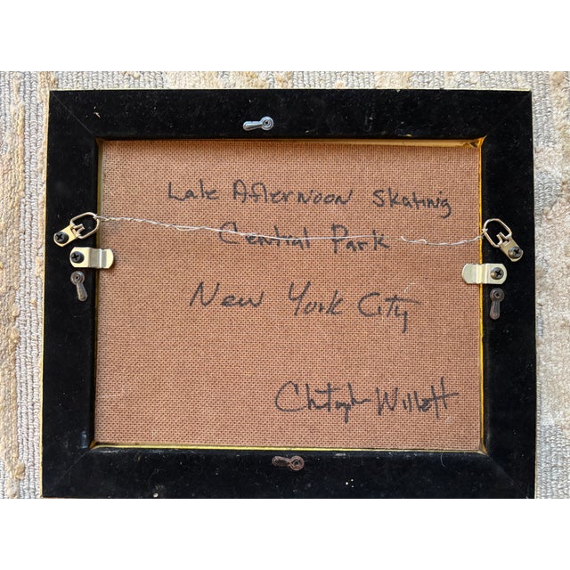1980s Christopher Willett, "Ice Skating in Central Park" Oil on Masonite For Sale - Image 5 of 5
