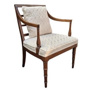 Mid-Century Regency Style Faux Bamboo Legs Mahogany and Upholstered Armchair For Sale