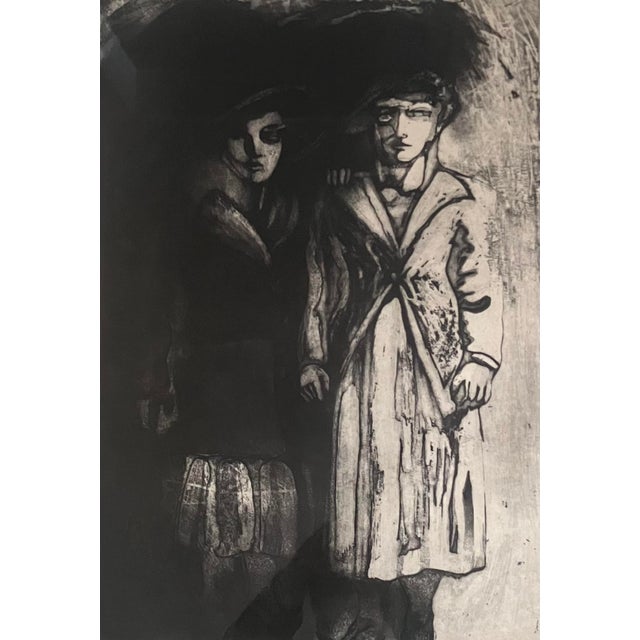 Interesting copper plate engraving titled "Les Juene Filles" by artist Robert Bertrand. Engraving depicts two young...