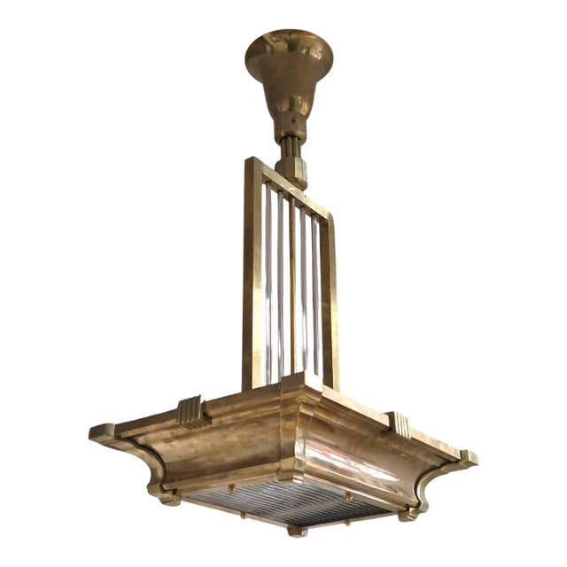 Early 20th Century Rectangular Industrial Brass and Glass Rod Vintage Chandelier For Sale