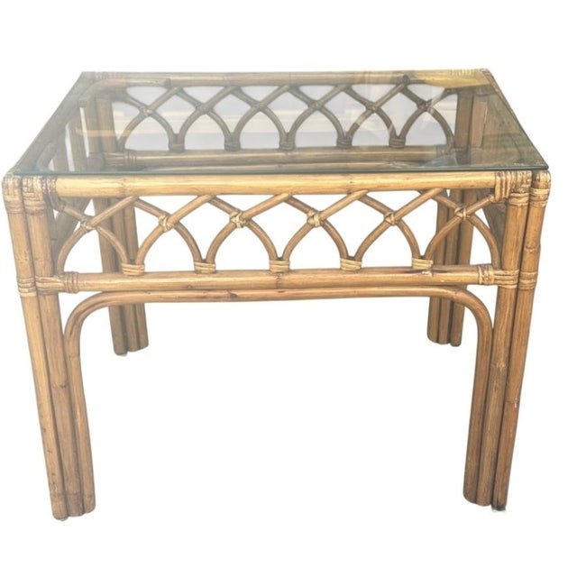 Pair Vintage 1970s California Organic Modern Cathedral Arch Rattan Side Tables For Sale - Image 4 of 12