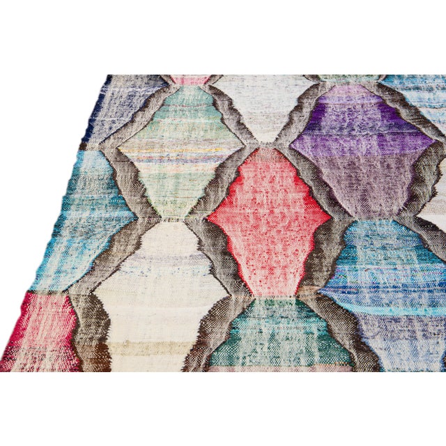 Contemporary Kilim Handmade Geometric Multicolor Wool Rug For Sale In New York - Image 6 of 10