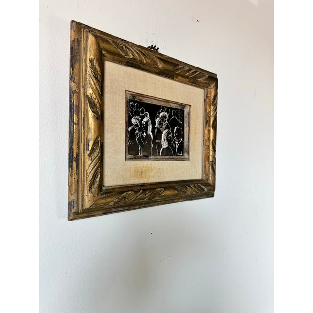 Available for sale this captivating 1970s vintage figurative acrylic on board painting, depicting an elegant social...