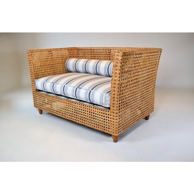 Modern Caned Teak Rattan Loveseat in Blue and White Sunbrella Fabric For Sale - Image 10 of 15
