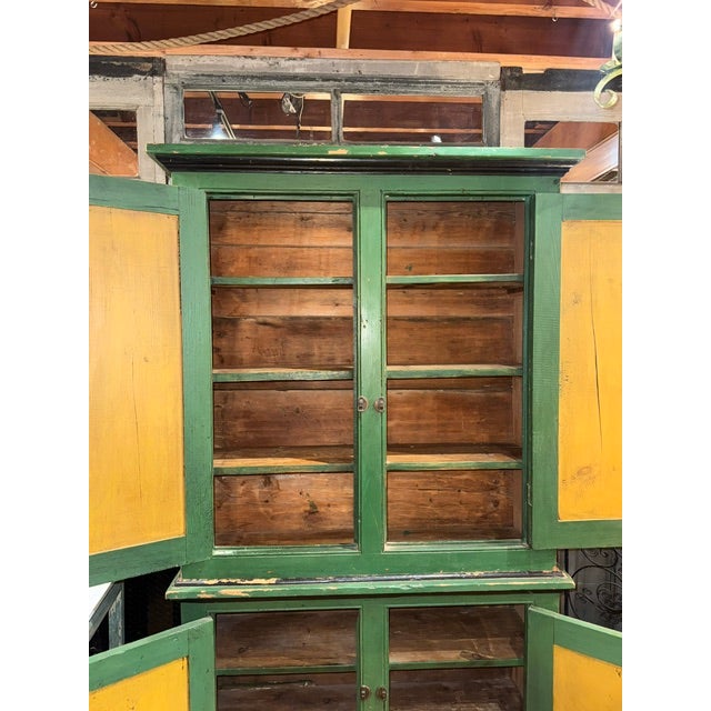 Early 20th Century Early 20th Century Green Painted Two-Piece Folk Art Cupboard For Sale - Image 5 of 12