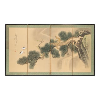 1960s Chinese Painted 4-Panel Screen "Old Pine Tree and Monkey" For Sale