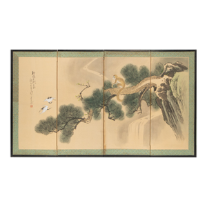 1960s Chinese Painted 4-Panel Screen "Old Pine Tree and Monkey"