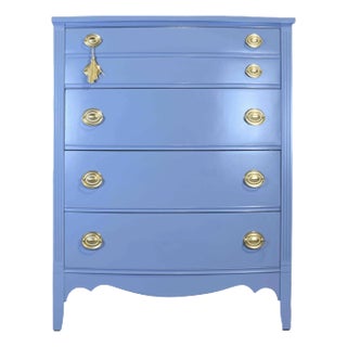 Mid Century Federal Style Bow Front Mahogany Highboy in Blue by Dixie Furniture - Newly Painted For Sale