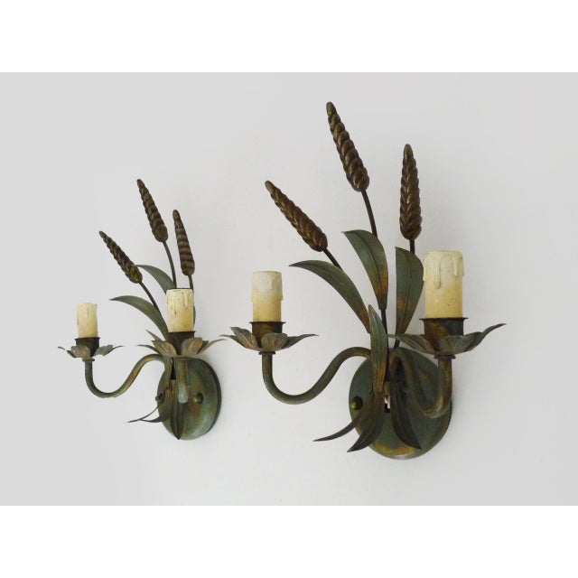 Antique Wheat Sheaf Wall Sconces in Gold and Green Metal, 1980s, Set of 2 For Sale - Image 3 of 11