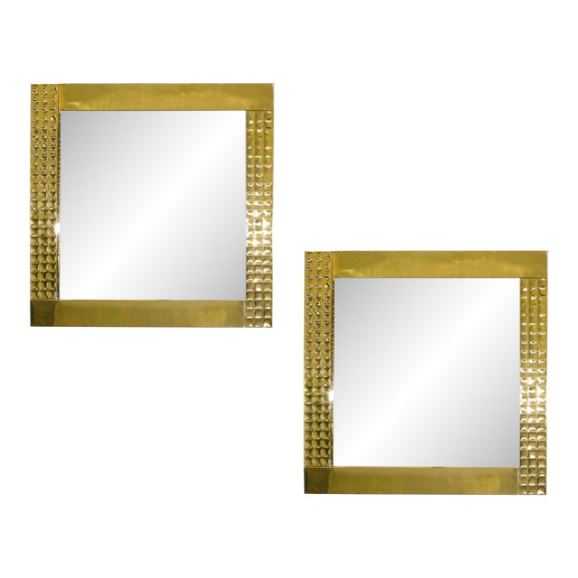 1970s Italian Vintage Pair of Handcrafted Brass Mirrors With Gold Jewel-Like Detail For Sale