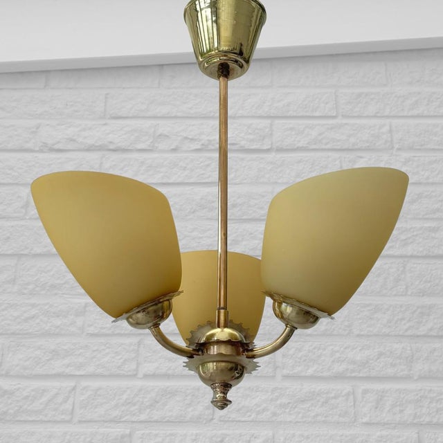 Scandinavian 3-Arm Chandelier in Brass and Yellow Glass, Sweden, 1940s For Sale - Image 10 of 10