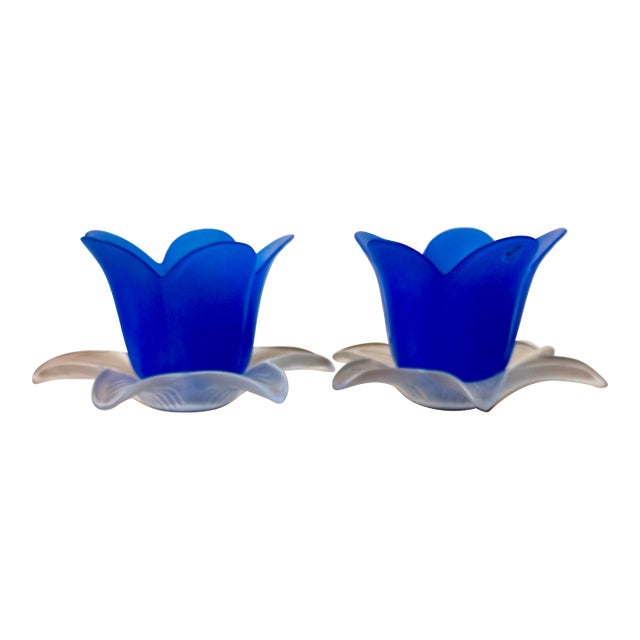 Late 20th Century Blue Tulip Glow Candle Holders For Sale