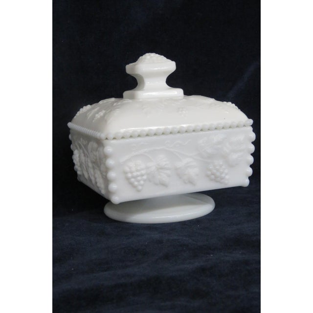 Early 20th Century Westmoreland White Milk Glass Beaded Grape Footed Candy Dish With Lid For Sale - Image 12 of 14