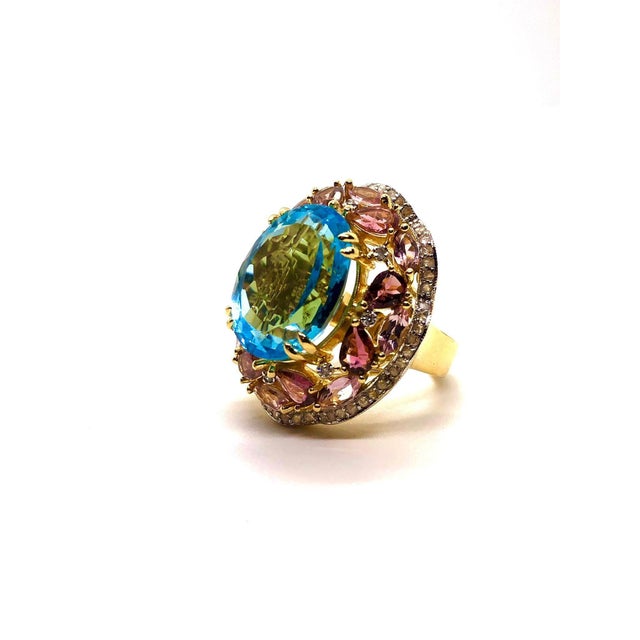 Baroque Bochic “Orient” Vintage Diamond, Blue Topaz & Pink Tourmaline Ring Set 18K & Sil For Sale - Image 3 of 11