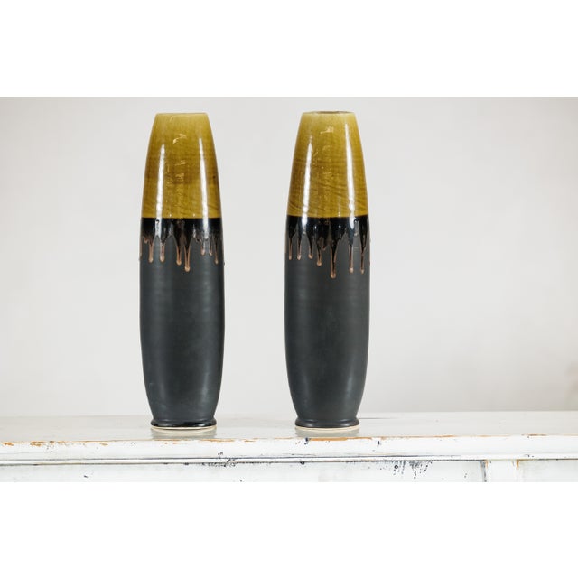 Artisan Slim Ochre and Black Ceramic Vases with Drip-Glaze Tops - A Pair For Sale - Image 4 of 18