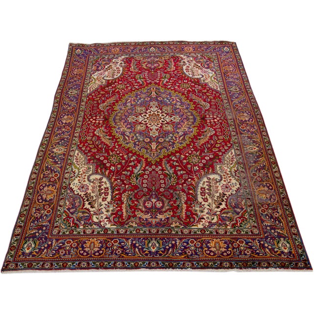 Persian 1960s Vintage Persian Tabriz Handmade Medallion Red Wool Rug For Sale - Image 3 of 7