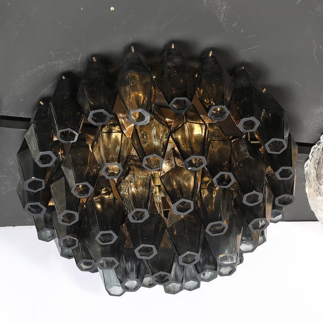 Metal Modernist Handblown Murano Smoked Glass Polyhedral Flush Mount W/ Brass Fittings For Sale - Image 7 of 16
