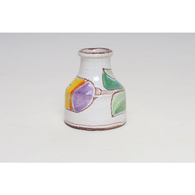 Hand-painted ceramic bud vase by Sicilian aristocrat turned artist, Giovanni De Simone. Petite size and charming abstract...