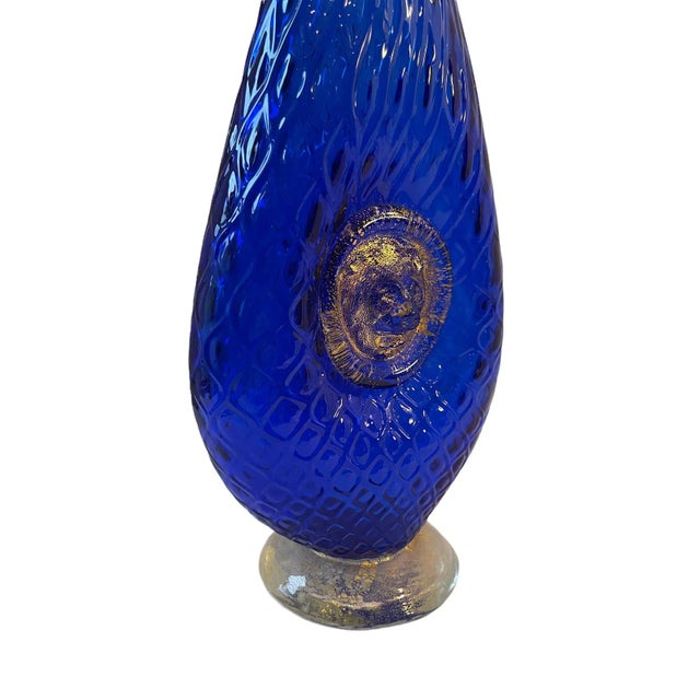 Textured Cobalt Blue Gold Lion Dual Medallion Vintage Italian Art Glass Vase Lion Madlaion on one side and gold glass...