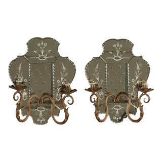 Antique Pair of Italian Mirrored Two Light Wall Sconces For Sale