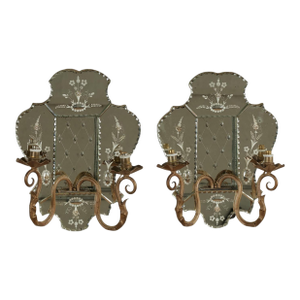 Antique Pair of Italian Mirrored Two Light Wall Sconces