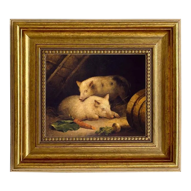 Two Pigs 5x6" Print on Canvas in Antiqued Gold Frame For Sale