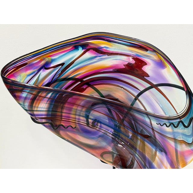 Huge David Goldhagen Studio Blown Art Glass Vessel, Custom Iron Stand, American For Sale - Image 9 of 11