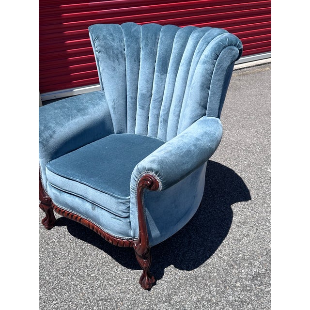 1950s Vintage Tufted Wingback Lounge Chair With Carved Mahogany Frame For Sale - Image 5 of 6