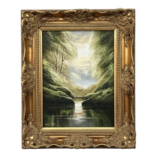 Serenity Over the Bridge - Lake Scene With Lush Green Trees by British Artist 1976 For Sale