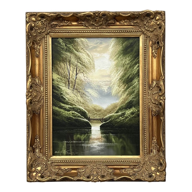 Serenity Over the Bridge - Lake Scene With Lush Green Trees by British Artist 1976 For Sale