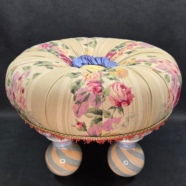 Contemporary 1990s Mackenzie Childs Rose Floral Upholstered Footstool or Ottoman, Ceramic Feet For Sale - Image 3 of 14