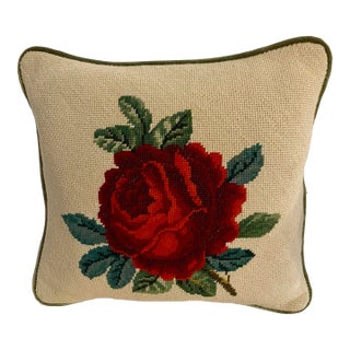 Vintage Needlepoint & Velvet Floral Rose Pillow For Sale
