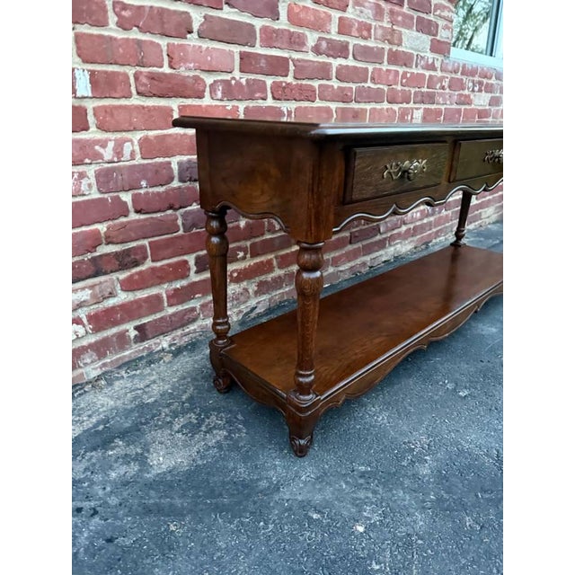 Brass Vintage French Country Style Oak 2 Tier Sofa Console Table by Hickory For Sale - Image 8 of 15