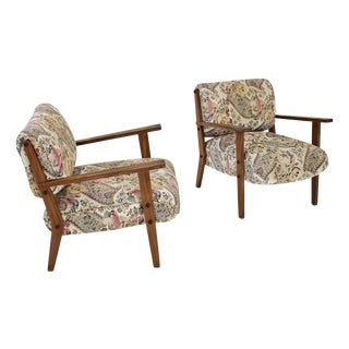 Mid-Century Modern Wooden and Floral Fabric Armchairs, 1960s, Set of 2 For Sale