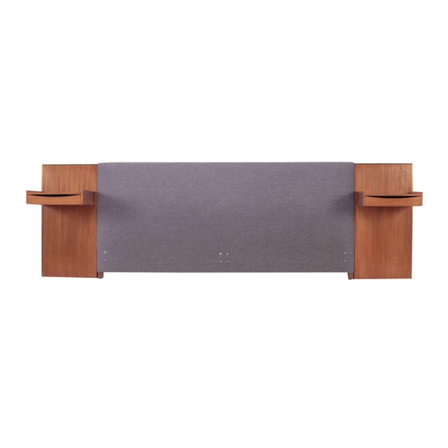 A Paul McCobb for Calvin Irwin Upholstered King Size Bed Teak Headboard With Brass Trim and Two Floating Drawers, Labeled in Drawer. For Sale - Image 9 of 9