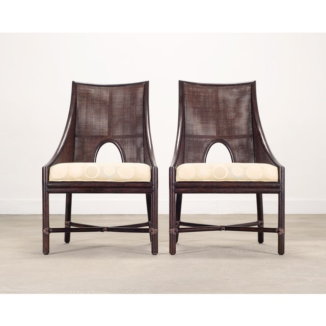 Contemporary Pair of Barbara Barry for McGuire Rattan Caned Dining Armchairs For Sale - Image 3 of 18