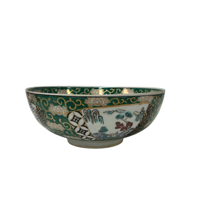 Japanese Vintage Oriental Imari Emerald Green Flora Landscape Porcelain Bowl Art For Sale - Image 3 of 9